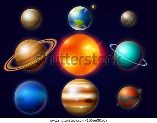Planets in Solar System. Moon\
and the Sun, Mercury and Earth, Mars and Venus, Jupiter or Saturn\
and pluto. Astronomical Galaxy Space. vintage style for\
label.