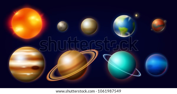 Planets in Solar System. Moon\
and the Sun, Mercury and Earth, Mars and Venus, Jupiter or Saturn\
and pluto. Astronomical Galaxy Space. vintage style for\
label.