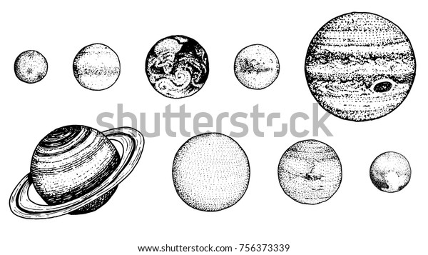 太陽系の惑星 月と太陽 水銀と地球 火星と金星 木星 土星と冥星 天体銀河空間 古いスケッチで描かれた彫刻の手 ラベルのビンテージスタイル のベクター画像素材 ロイヤリティフリー