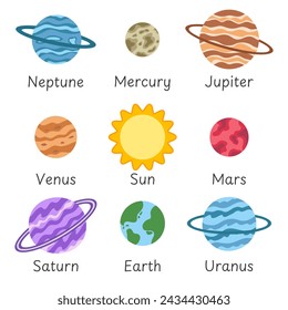 Planets of the solar system with names. Vector illustration.