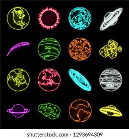 Planets of the solar system neon icons in set collection for design. Cosmos and astronomy vector symbol stock web illustration.
