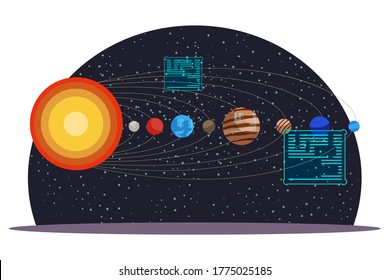 Planets of solar system on starry sky background at planetarium design interior. Modern interactive information stand. Science exhibition in astronomy museum. Vector illustration of study of galaxy
