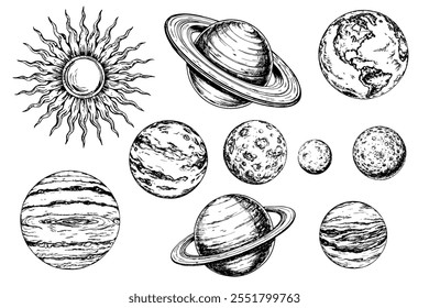 Planets of the solar system on a white background