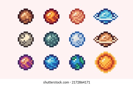 Planets Of Solar System Pixel Art Icon Set. Astronomical Observatory Logo Collection. 8-bit Sprite. Game Development, Mobile App. Isolated Vector Illustration.