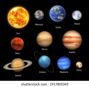 Planets of Solar System realistic set of vector space, astronomy design. Universe galaxy planets and stars, Earth, Sun, Mercury and Jupiter,Saturn and Uranus with rings, Pluto, Moon, Venus and Neptune - Shutterstock ID 1917805343