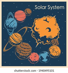 Planets of the solar system in retro style, planetary system. Collection of planets in solar system, astronomical observatory: Mercury, Venus, Earth, Mars, Jupiter, Saturn, Uranus, Neptune, Pluto.