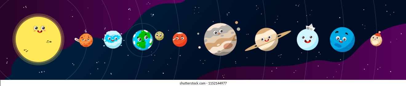 Planets of the Solar System in a Row. Cartoon Style vector Illustration 