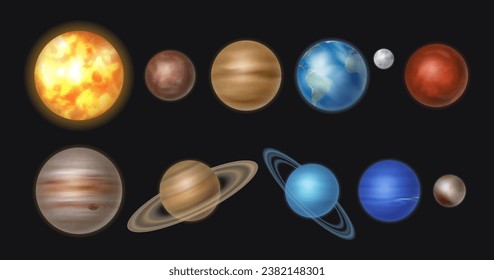 Planets of solar system in row, isolated celestial bodies. Vector realistic Sun and Mercury, Venus and Earth, Moon and Mars, Jupiter and Saturn, Neptune and Uranus, pluto and moon