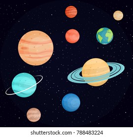 Planets of the solar system. Science and education. Bright planets against a dark space . In flat style. Cartoon.