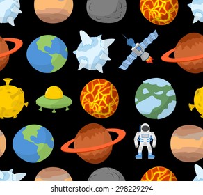 Planets of solar system seamless pattern. Vector space background. Spaceman and UFO 
