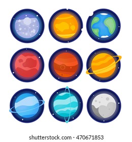 The planets of the solar system set icon. Mercury, Venus, Earth, Mars, Jupiter, Saturn, Uranus, Neptune, Pluto