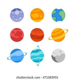 The planets of the solar system set icon. Mercury, Venus, Earth, Mars, Jupiter, Saturn, Uranus, Neptune, Pluto