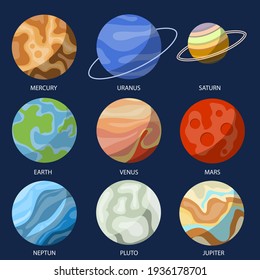 Planets of the solar system, set of planets isolated on dark background. Vector, cartoon illustration. Vector.