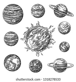 Planets of the solar system. Set. Sketch. Engraving style. Vector illustration.