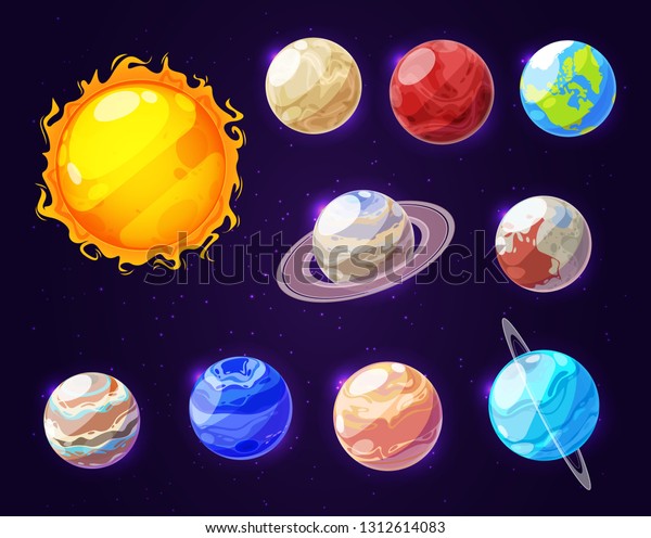 Planets of Solar system in space, cartoon icons.
Vector cosmic bodies and star templates, Sun and Earth, Mars and
Jupiter, Saturn and Venus. Mercury and Uranus with Pluto and
Neptune at night sky