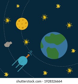 Planets of the solar system in space. Drawn vivid illustration of the planet Earth to the circle of stars. Cartoon flying Satellite, Kameta. Beautiful pictures for the nursery. Vector illustration
