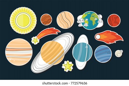Planets. Solar system, space, universe. Vector set of Cartoon badges, cute  stickers. Patch or fashion pin badges.