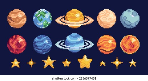 Planetas del sistema solar y estrellas de píxeles de arte conjunto de iconos. Colección de elementos astronómicos. Sprite de 8 bits. Desarrollo de juegos, aplicación móvil. Ilustración vectorial aislada.