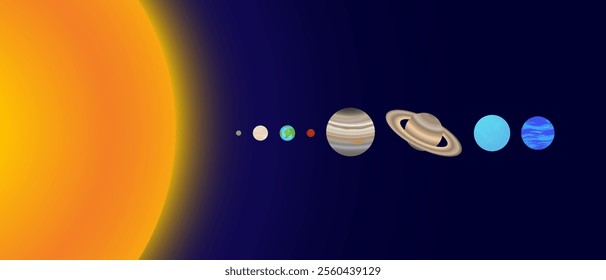 Planets of the Solar System with the Sun. Mercury, Venus, Earth, Mars, Jupiter, Saturn, Uranus and Neptune Planet