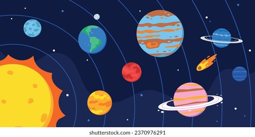 Planetas del sistema solar. Sol y meteoritos con asteroides. Ilustración vectorial plana