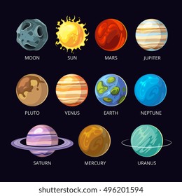 Planets of solar system vector cartoon set on dark sky space background. Mars and pluto, neptune and venus, uranus and saturn illustration