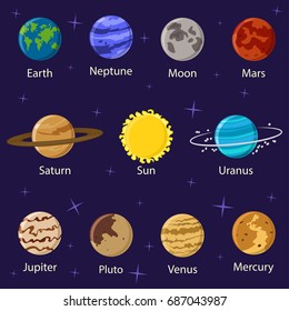 Planets solar system vector cartoon flat icons isolated on space background with stars.