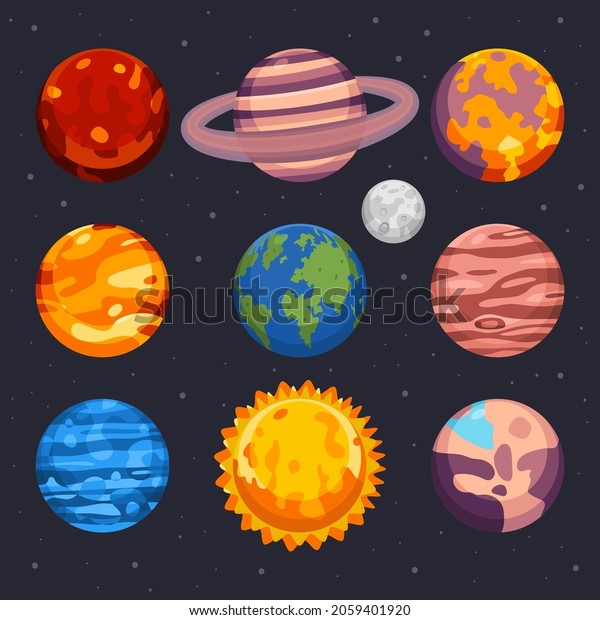 Planets solar system vector cartoon set\
isolated on\
background.
