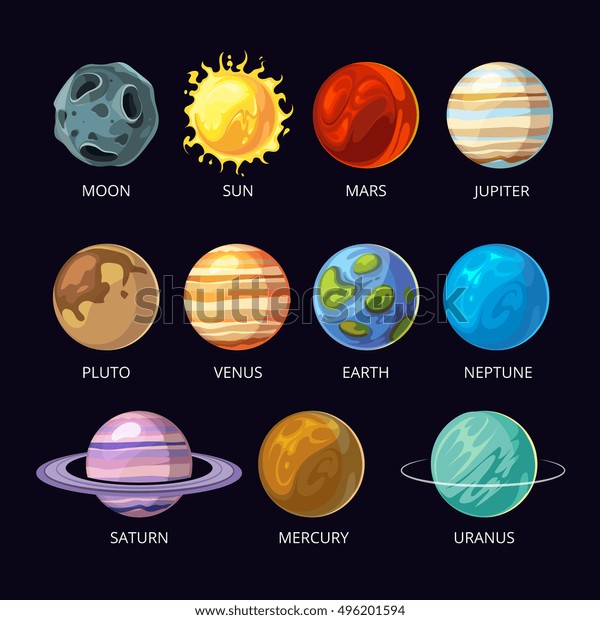 暗い空の背景に太陽系の惑星ベクター画像漫画セット 火星と冥王星 海王星と金星 天王星と土星のイラスト のベクター画像素材 ロイヤリティフリー