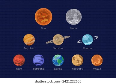 Planets of the solar system. Vector illustration of planets in 8-bit style