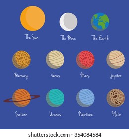 Planets of the Solar System Vector Illustration Set, with the moon and the sun, in dark blue background. Isolated elements.