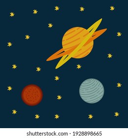 Planets of the solar system in the vector. Painted vivid illustrations of planets in space. Cartoon Saturn, Mars, Neptune in the circle of stars. Beautiful pictures for children's illustrations