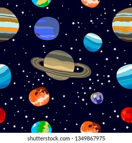 Planets of solar system vector pattern. Pattern with Illustrations of space in cartoon style. Vector cartoon planets pattern.