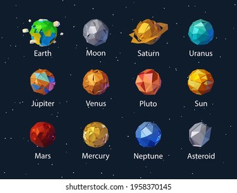 The planets of the solar system. Vector space illustration of a set of abstract planets, stars and craters in space in the style of 3d low poly model objects from a triangle.
