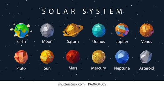 The planets of the solar system. Vector space illustration of a set of abstract planets, stars and craters in space in the style of 3d low poly model objects from a triangle.