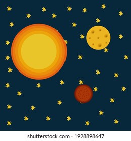 Planets of the solar system. Vector-drawn illustrations of planets in space. Cartoon Sun, Mars and Moon in a circle of stars. Beautiful pictures for the children's room. Vector illustration