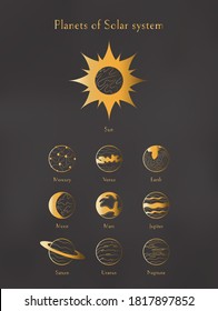 Planets of solar system vintage poster. Sun, Mercury, Venus, Earth,Moon, Mars, Jupiter, Saturn, Uranus, Neptune isolated set. Vector illustration in outline style with golden gradient. Icon, logotype