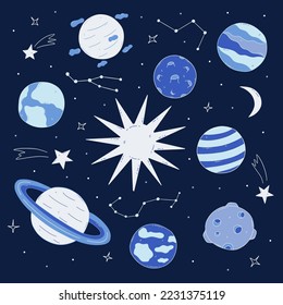 Planets in space around the sun on blue background of the universe. Constellations and shooting stars, crescent moon. Vector illustration hand drawn doodle. Amazing outer space