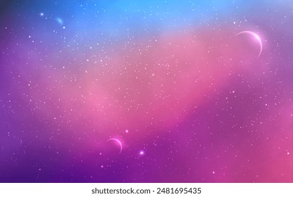 Planets in space. Beautiful galaxy background. Realistic cosmic clouds. Color starry nebula. Fantastic universe wallpaper. Outer space poster. Vector illustration.