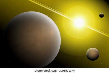 Planets in Space. Bright Sunlight in the Cosmos. Beautiful Planets on Gradient Background. Space Abstraction. Planets in Space for Banner, Poster, Card, Web Design, Presentation, Wallpaper. Cosmos.