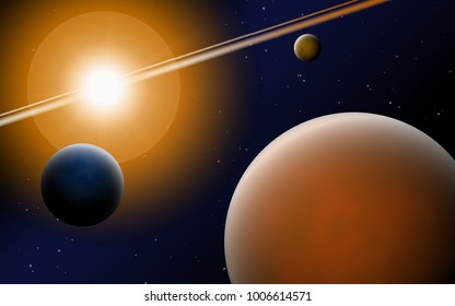 Planets in Space. Bright Sunlight in the Cosmos. Beautiful Planets on Gradient Background. Space Abstraction. Planets in Space for Banner, Poster, Card, Web Design, Presentation, Wallpaper. Cosmos.
