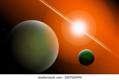 Planets in Space. Bright Sunlight in the Cosmos. Beautiful Planets on Gradient Background. Space Abstraction. Planets in Space for Banner, Poster, Card, Web Design, Presentation, Wallpaper. Cosmos.