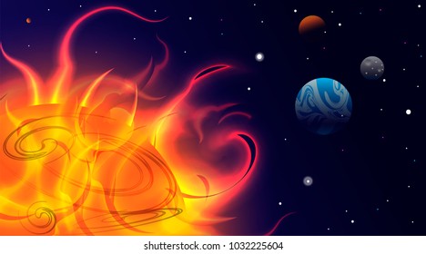 Planets in Space. Bright Sunlight in the Cosmos. Beautiful Planets on Gradient Background. Space Abstraction. Planets in Space. Sun with protuberances, view of the earth