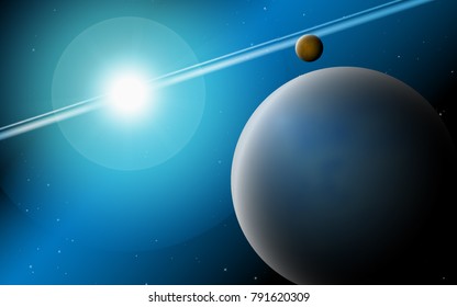 Planets in Space. Bright Sunlight in the Cosmos. Beautiful Planets on Gradient Background. Space Abstraction. Planets in Space for Banner, Poster, Card, Web Design, Presentation, Wallpaper. Cosmos.