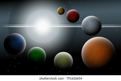 Planets in Space. Bright Sunlight in the Cosmos. Colorful Planets on Gradient Background. Space Abstraction. Planets in Space for Banner, Poster, Card, Web Design, Presentation, Wallpaper. Cosmos.