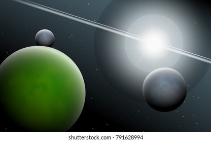 Planets in Space. Bright Sunlight in the Cosmos. Beautiful Planets on Gradient Background. Space Abstraction. Planets in Space for Banner, Poster, Card, Web Design, Presentation, Wallpaper. Cosmos.