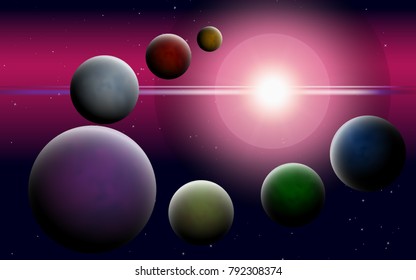 Planets in Space. Bright Sunlight in the Cosmos. Colorful Planets on Gradient Background. Space Abstraction. Planets in Space for Banner, Poster, Card, Web Design, Presentation, Wallpaper. Cosmos.
