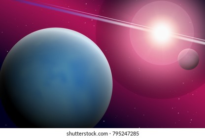 Planets in Space. Bright Sunlight in the Cosmos. Beautiful Planets on Gradient Background. Space Abstraction. Planets in Space for Banner, Poster, Card, Web Design, Presentation, Wallpaper. Cosmos.