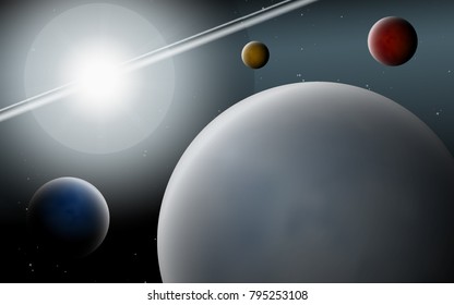 Planets in Space. Bright Sunlight in the Cosmos. Beautiful Planets on Gradient Background. Space Abstraction. Planets in Space for Banner, Poster, Card, Web Design, Presentation, Wallpaper. Cosmos.