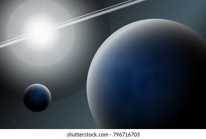 Planets in Space. Bright Sunlight in the Cosmos. Beautiful Planets on Gradient Background. Space Abstraction. Planets in Space for Banner, Poster, Card, Web Design, Presentation, Wallpaper. Cosmos.