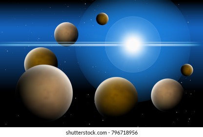Planets in Space. Bright Sunlight in the Cosmos. Colorful Planets on Gradient Background. Space Abstraction. Planets in Space for Banner, Poster, Card, Web Design, Presentation, Wallpaper. Cosmos.